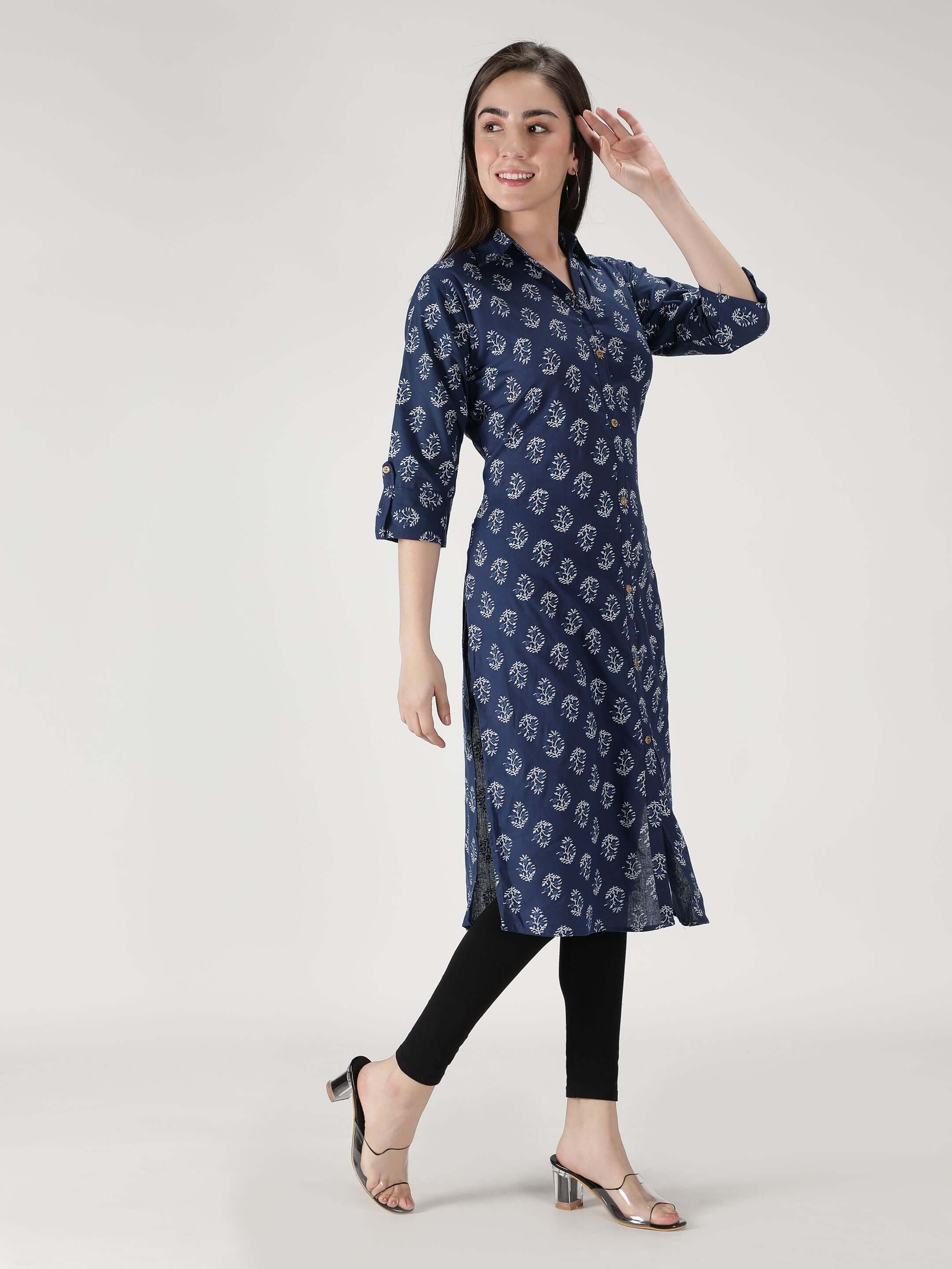 Fabclub Cotton Floral Printed Straight Women Kurti (Navy Blue)