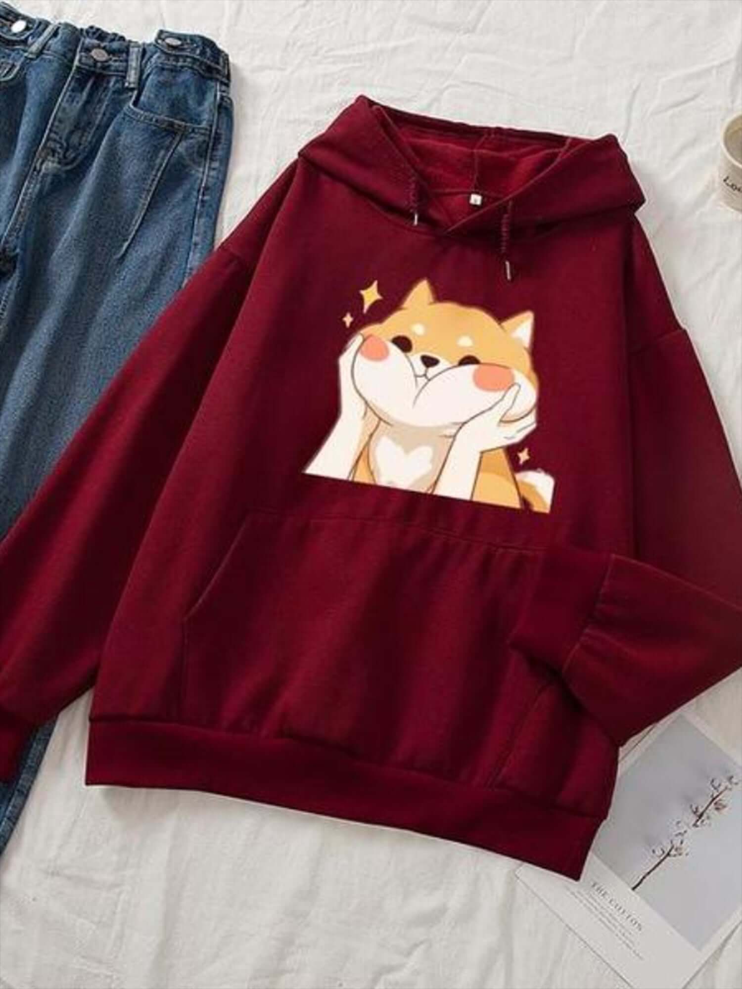 Popster Maroon Printed Fleece Hoody Regular Fit Long Sleeve Womens Sweatshirt