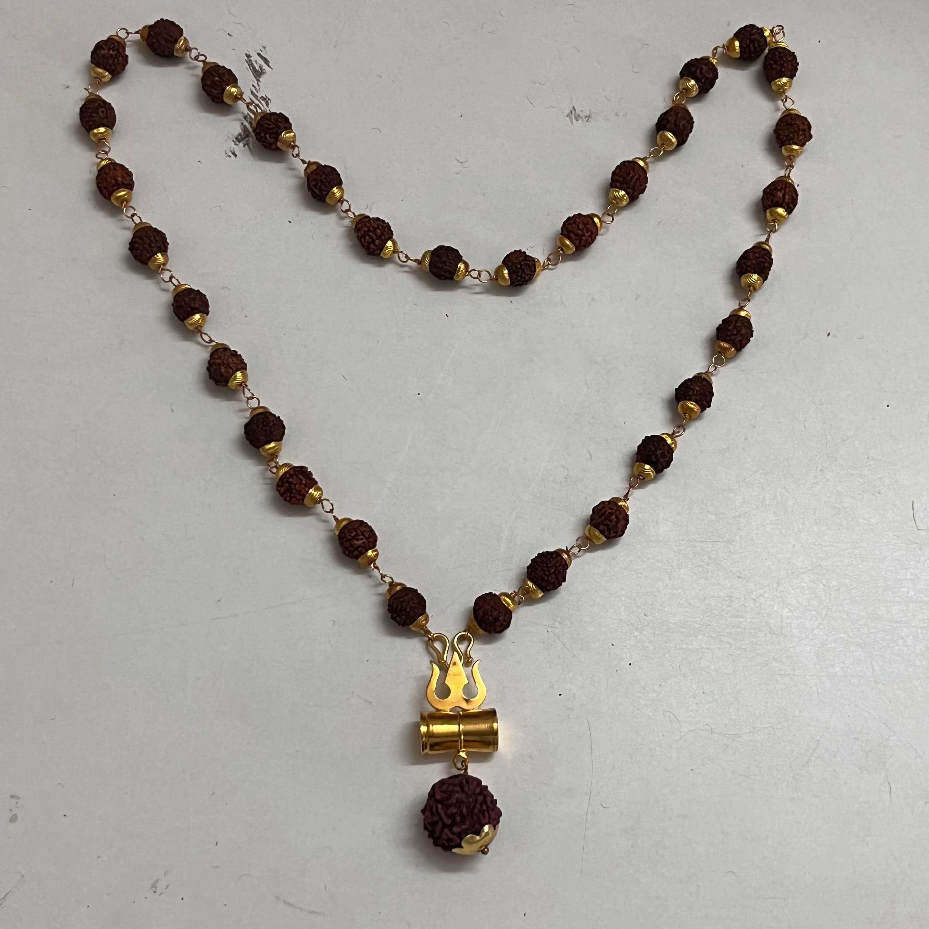 Natural Rudraksha Trishul Mala With Gold Plating